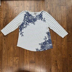 J Jill Women's Striped White and Blue Top w/ Floral Detail Pima Cotton Modal XL